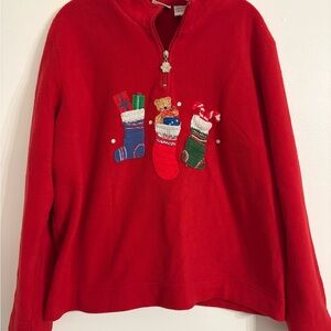 Vintage White Stag Red Quarter Zip Sweater with Festive Stockings